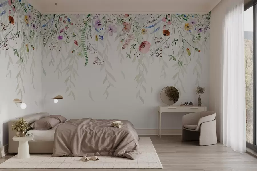 murales de pared Un colorido estampado floral en cascada con varias flores, hojas y plantas en estilo acuarela w08646