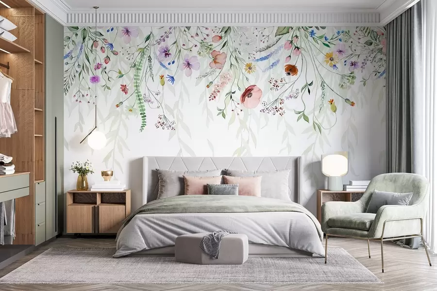 murales de pared Un colorido estampado floral en cascada con varias flores, hojas y plantas en estilo acuarela w08646