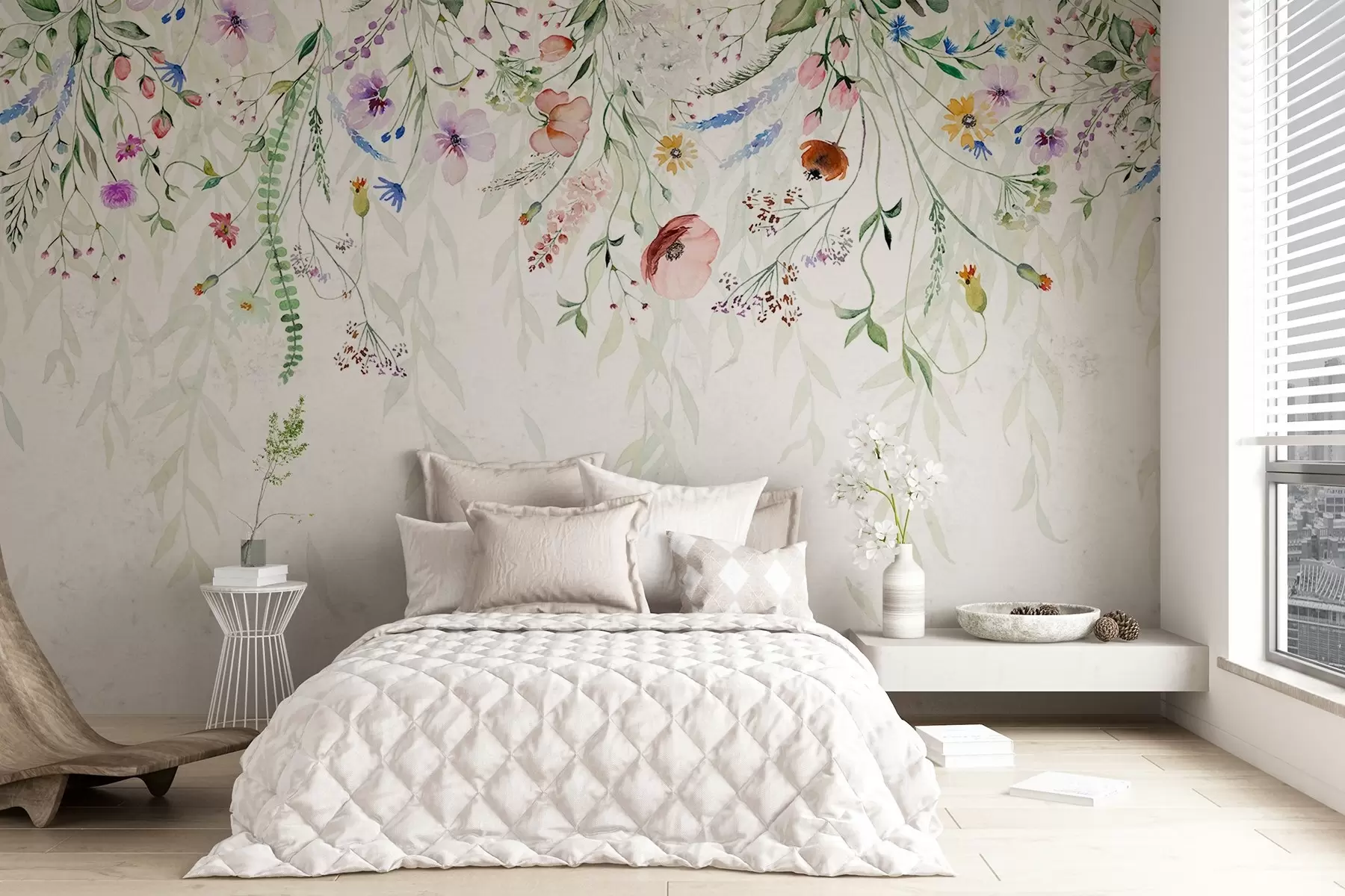murales de pared Un colorido estampado floral en cascada con varias flores, hojas y plantas en estilo acuarela w08646