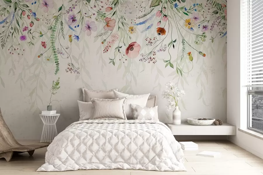 murales de pared Un colorido estampado floral en cascada con varias flores, hojas y plantas en estilo acuarela w08646