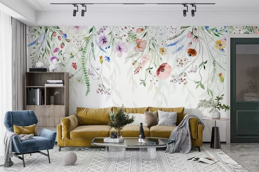 murales de pared Un colorido estampado floral en cascada con varias flores, hojas y plantas en estilo acuarela w08646