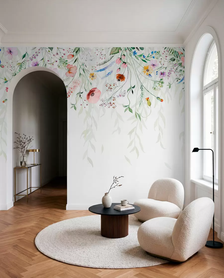 murales de pared Un colorido estampado floral en cascada con varias flores, hojas y plantas en estilo acuarela w08646