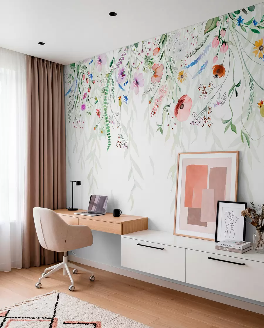murales de pared Un colorido estampado floral en cascada con varias flores, hojas y plantas en estilo acuarela w08646