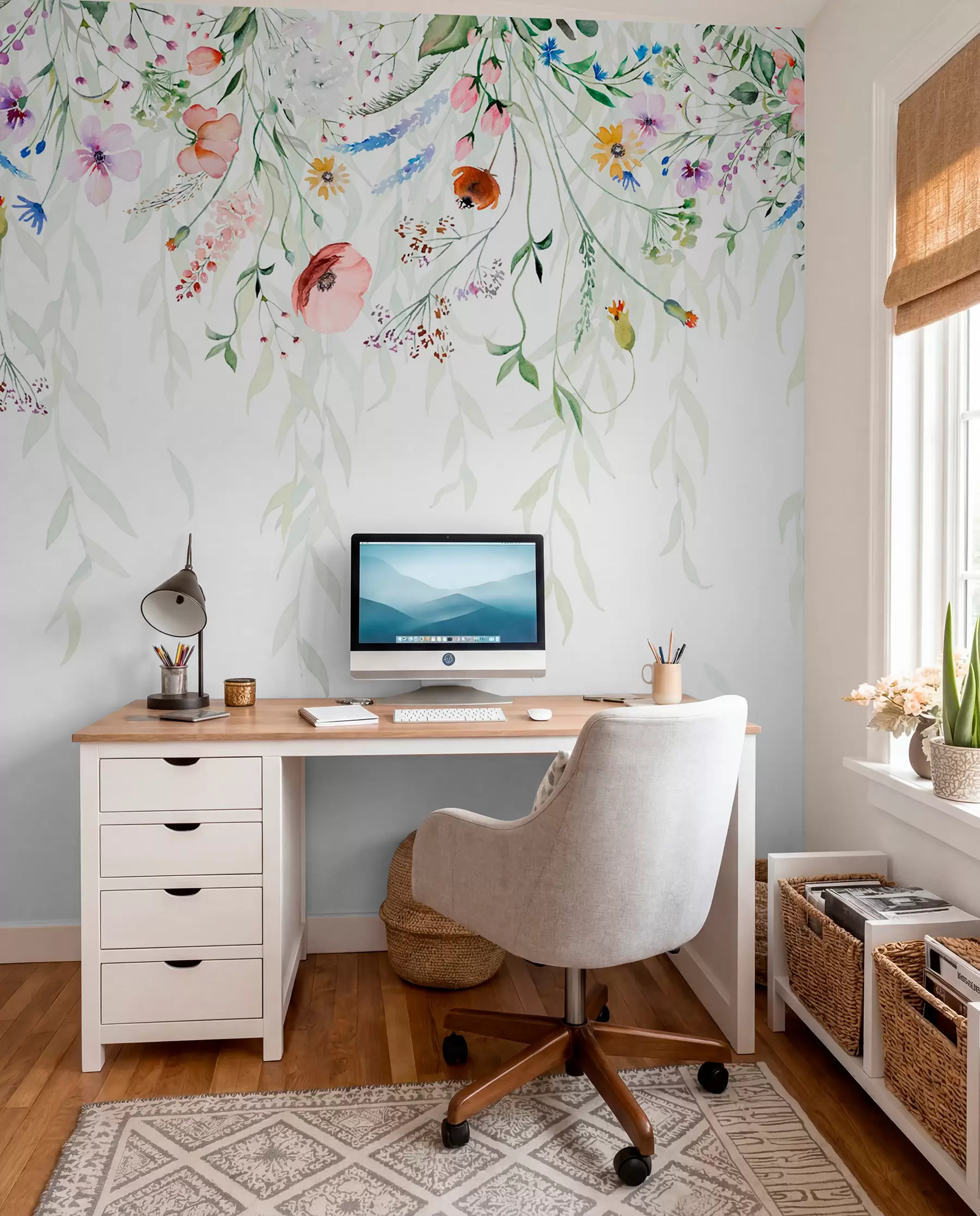 murales de pared Un colorido estampado floral en cascada con varias flores, hojas y plantas en estilo acuarela w08646