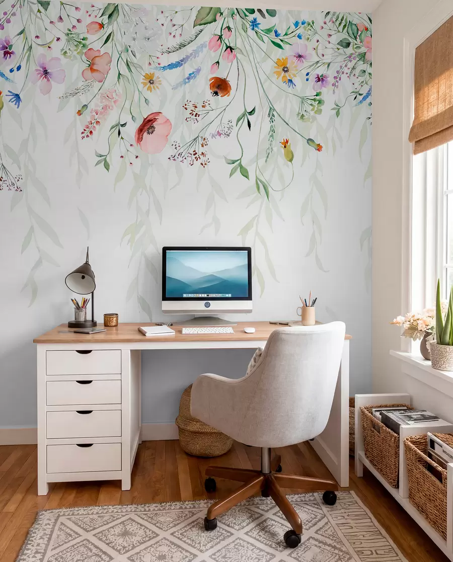 murales de pared Un colorido estampado floral en cascada con varias flores, hojas y plantas en estilo acuarela w08646