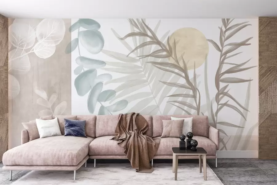 murales de pared Un estampado abstracto minimalista con hojas estilizadas y eucaliptos con formas orgánicas suaves y beige en colores pastel apagados w08648