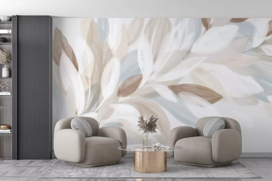murales de pared Suaves hojas de colores pastel en tonos blanco, beige y azul claro, que crean una composición delicada y etérea w08649