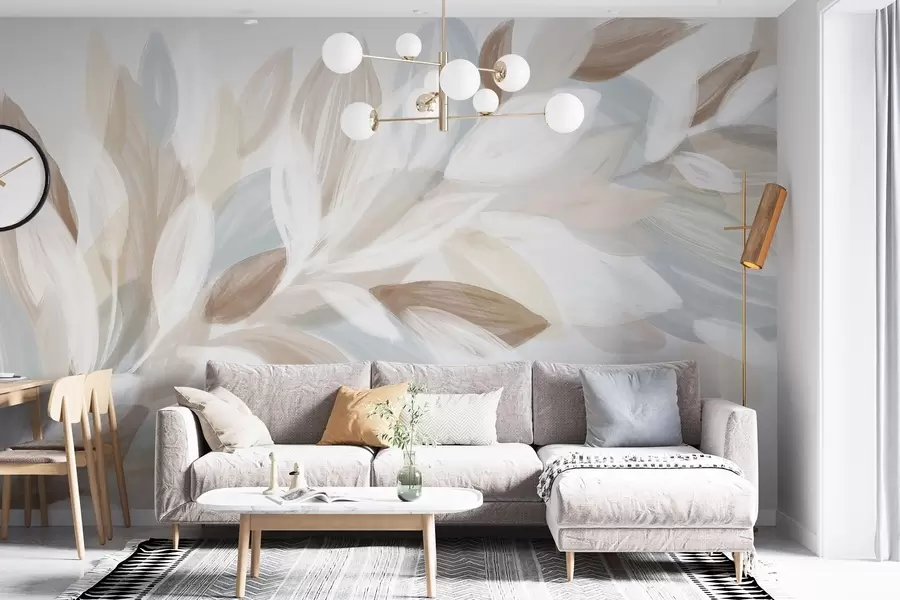 murales de pared Suaves hojas de colores pastel en tonos blanco, beige y azul claro, que crean una composición delicada y etérea w08649