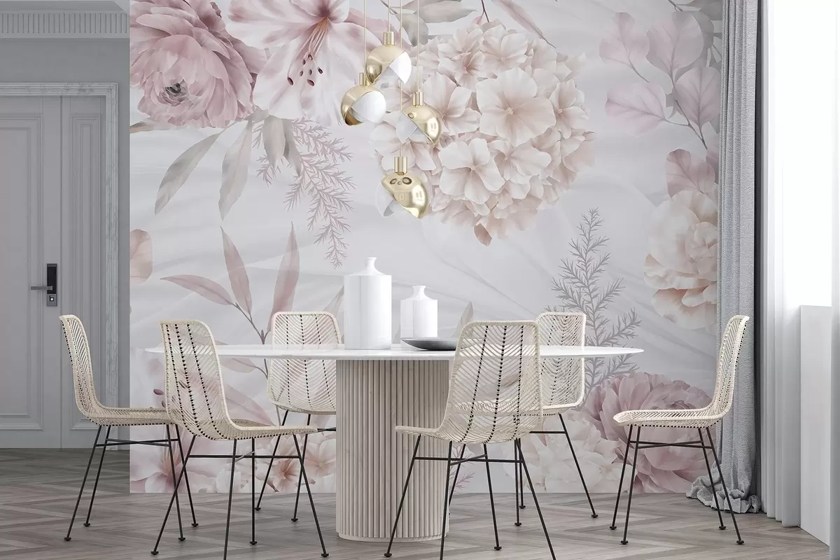 murales de pared Un estampado floral suave y abstracto con grandes flores rosas y blancas, delicadas hojas y una paleta de colores pastel apagados w08651
