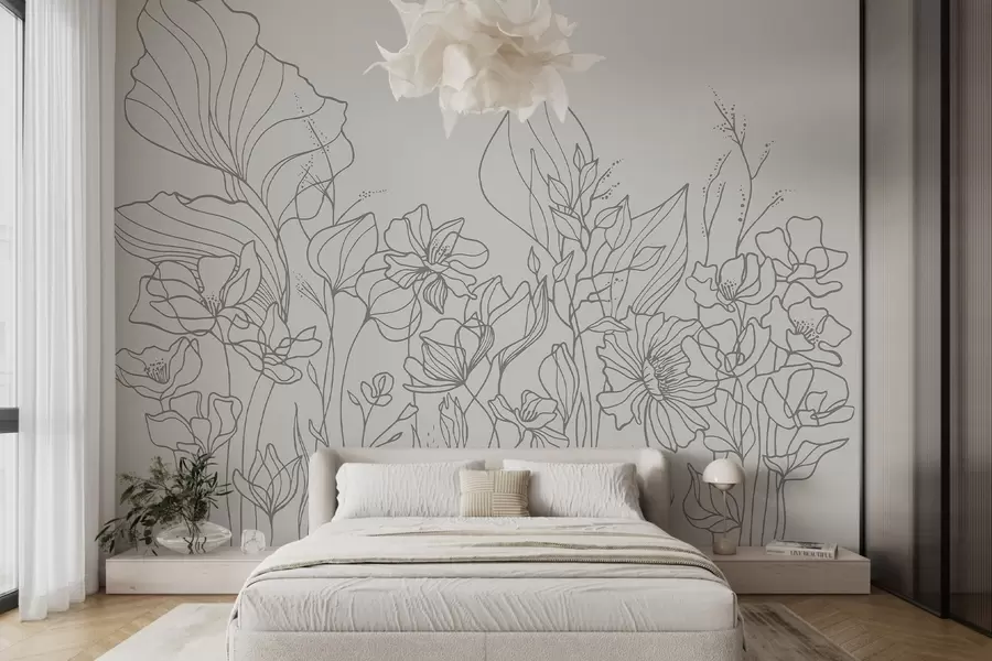 murales de pared Elegante diseño floral sobre fondo gris claro w02773v1