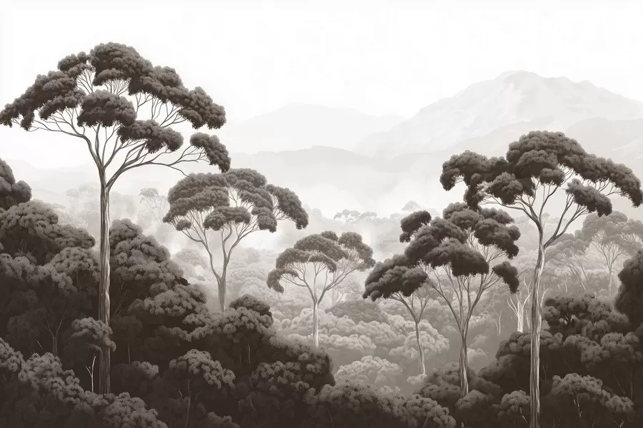 murales de pared Selva, montañas, tropical, naturaleza, árboles grandes, colores marrones w02739v2