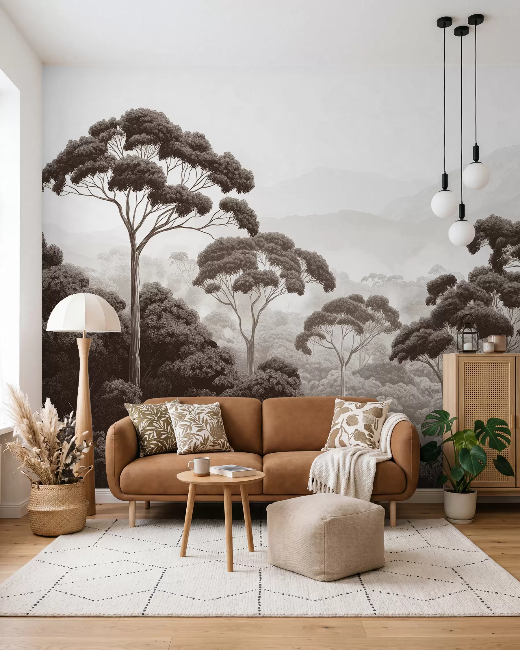 murales de pared Selva, montañas, tropical, naturaleza, árboles grandes, colores marrones w02739v2