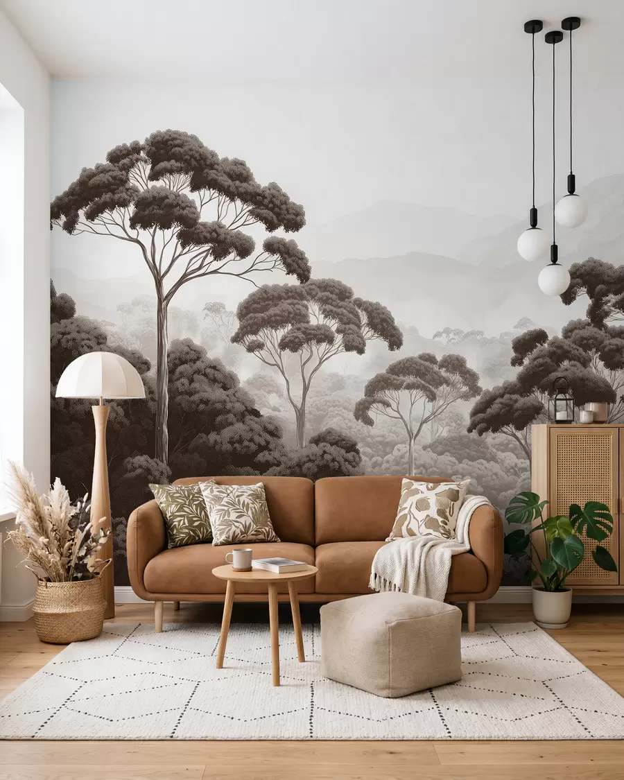murales de pared Selva, montañas, tropical, naturaleza, árboles grandes, colores marrones w02739v2