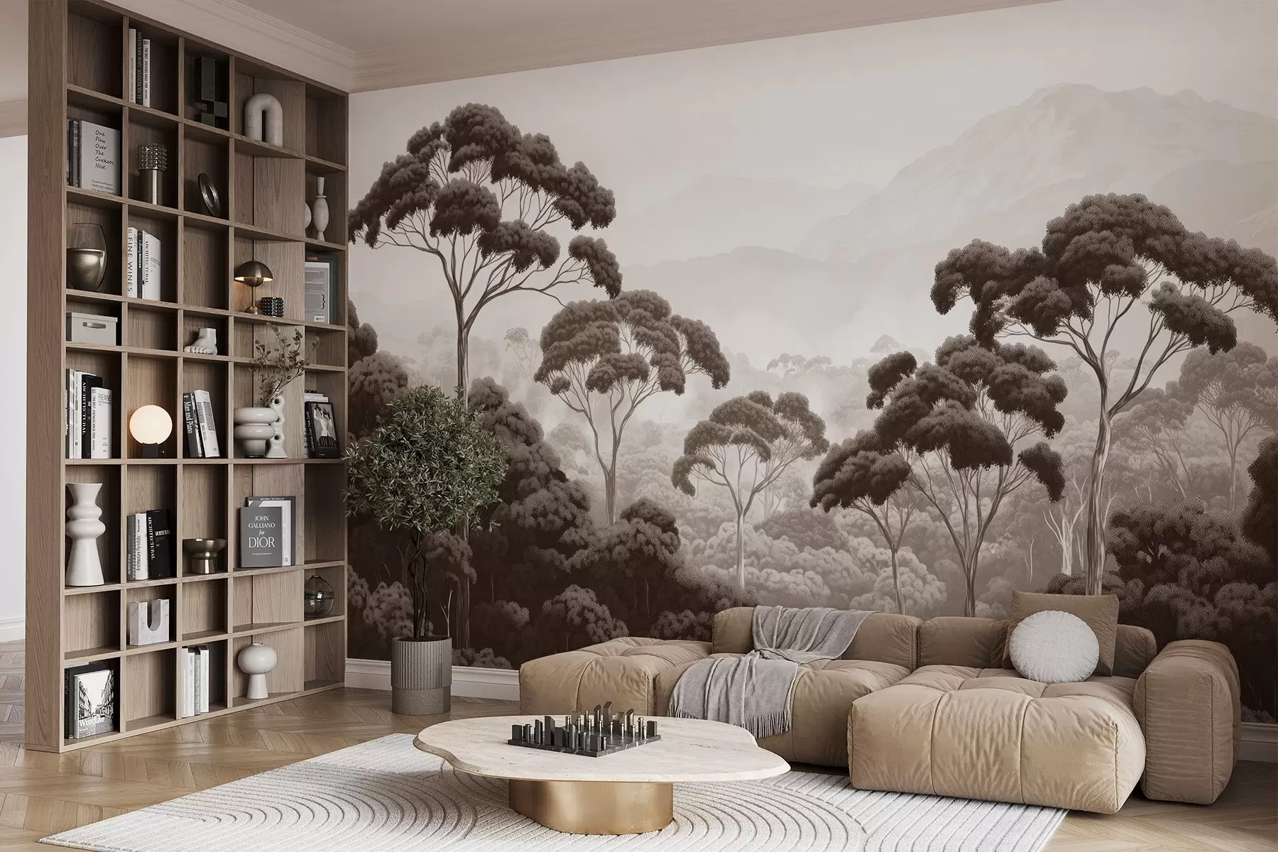 murales de pared Selva, montañas, tropical, naturaleza, árboles grandes, colores marrones w02739v2