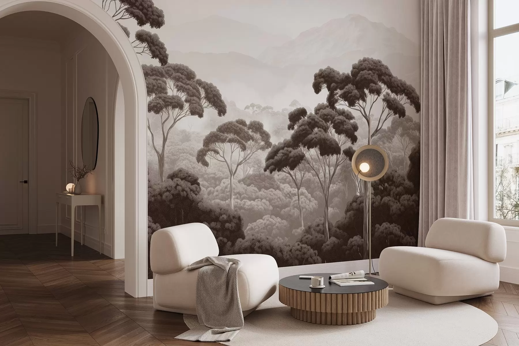 murales de pared Selva, montañas, tropical, naturaleza, árboles grandes, colores marrones w02739v2