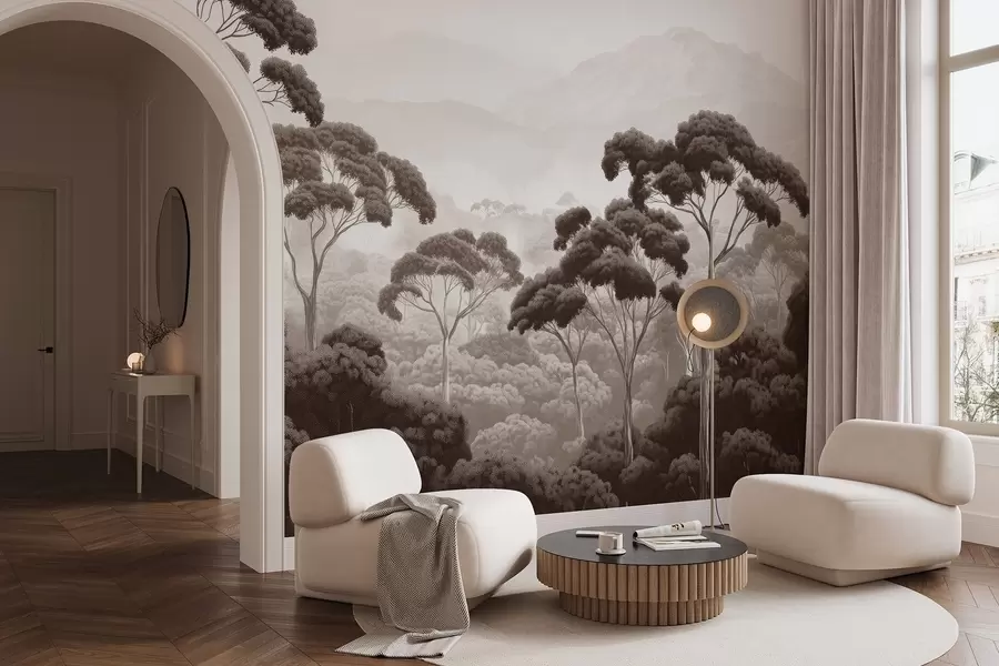 murales de pared Selva, montañas, tropical, naturaleza, árboles grandes, colores marrones w02739v2