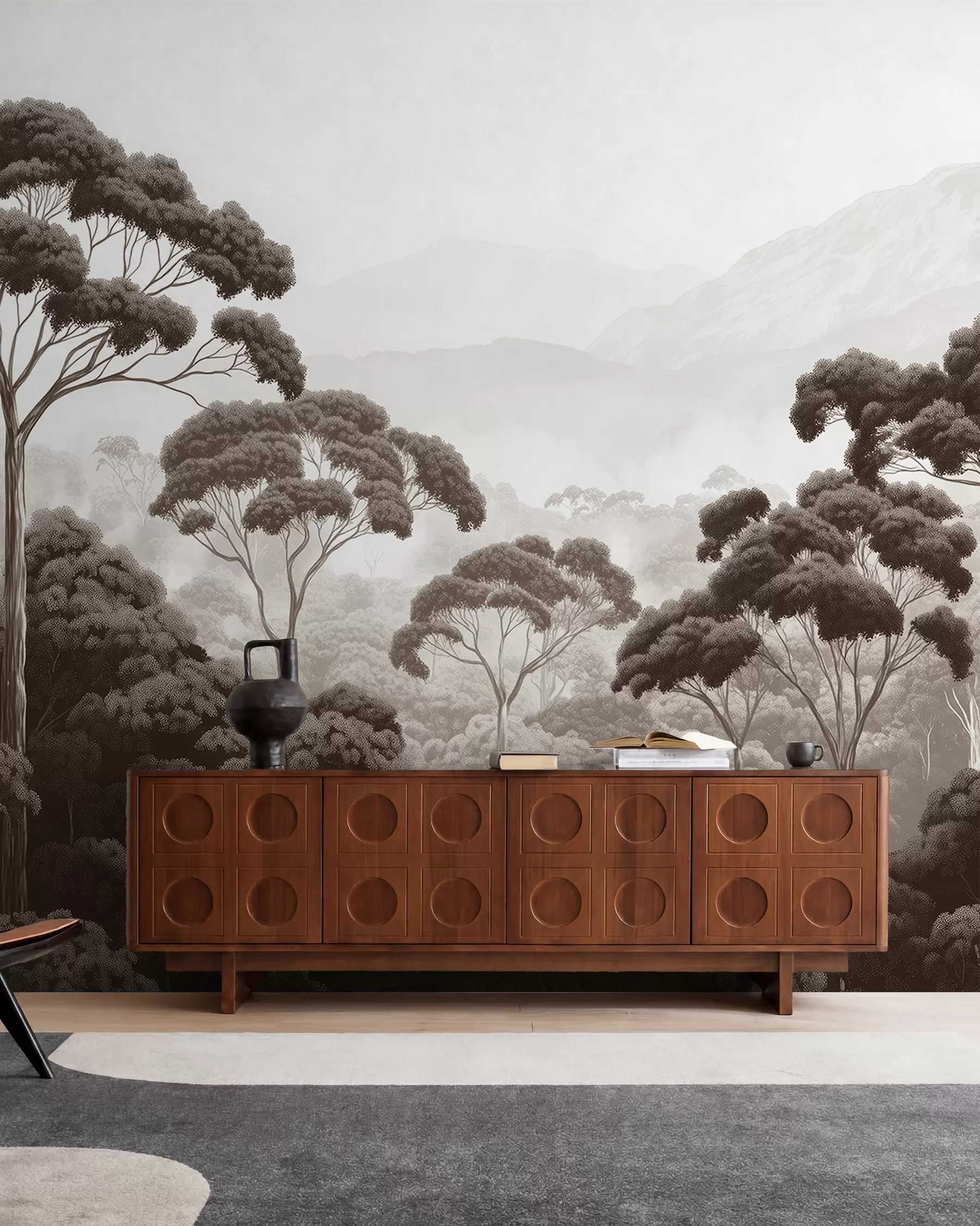 murales de pared Selva, montañas, tropical, naturaleza, árboles grandes, colores marrones w02739v2