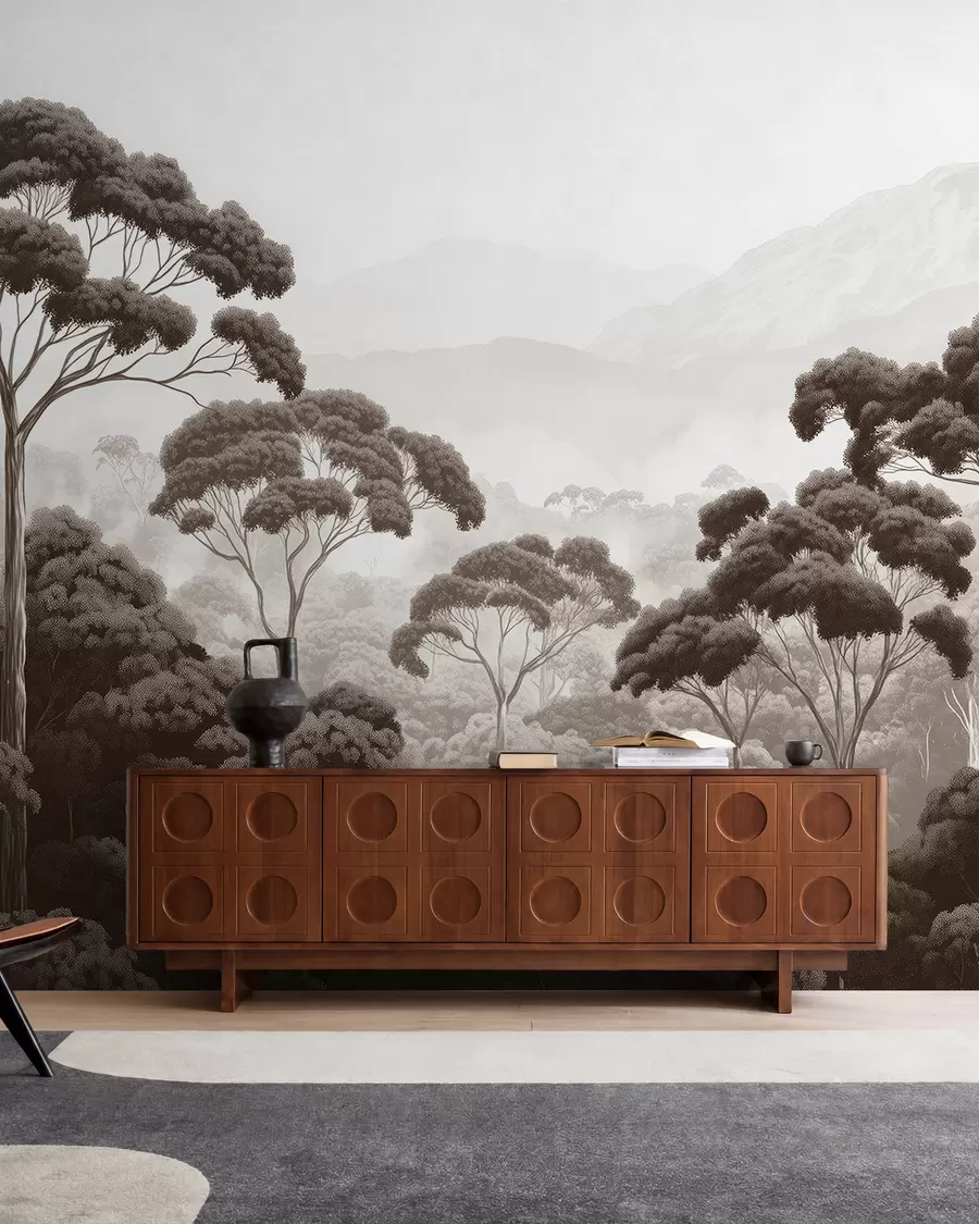 murales de pared Selva, montañas, tropical, naturaleza, árboles grandes, colores marrones w02739v2