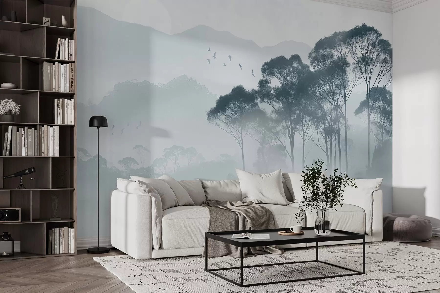 murales de pared Árboles en la niebla, paisajes de naturaleza, pájaros, sol, colores azules w02740v1