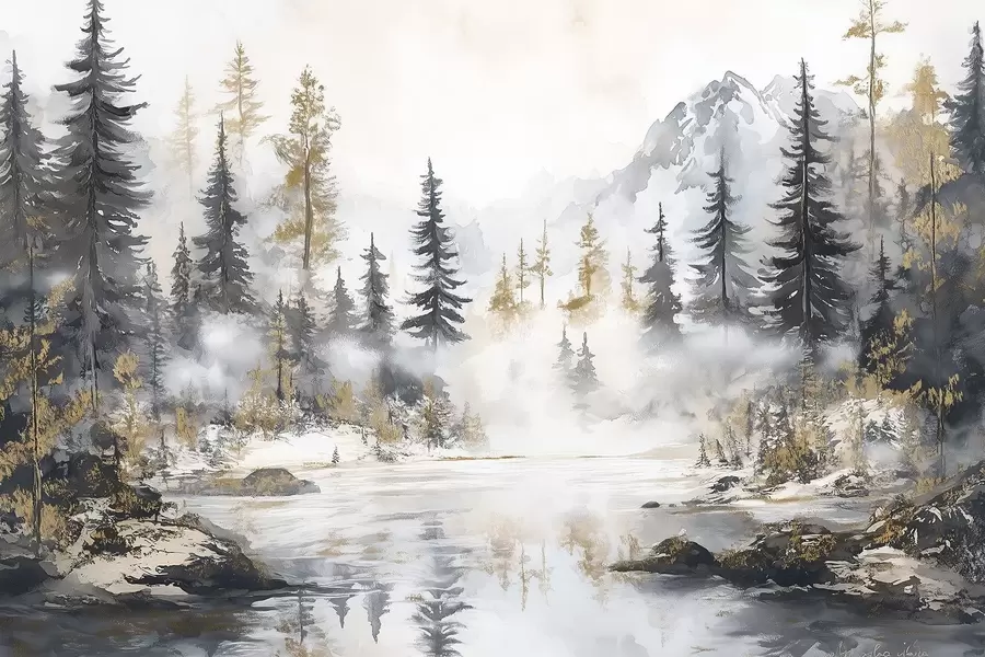 murales de pared Paisaje de invierno con lago y bosque, montañas, darwing estilo pastel w02741