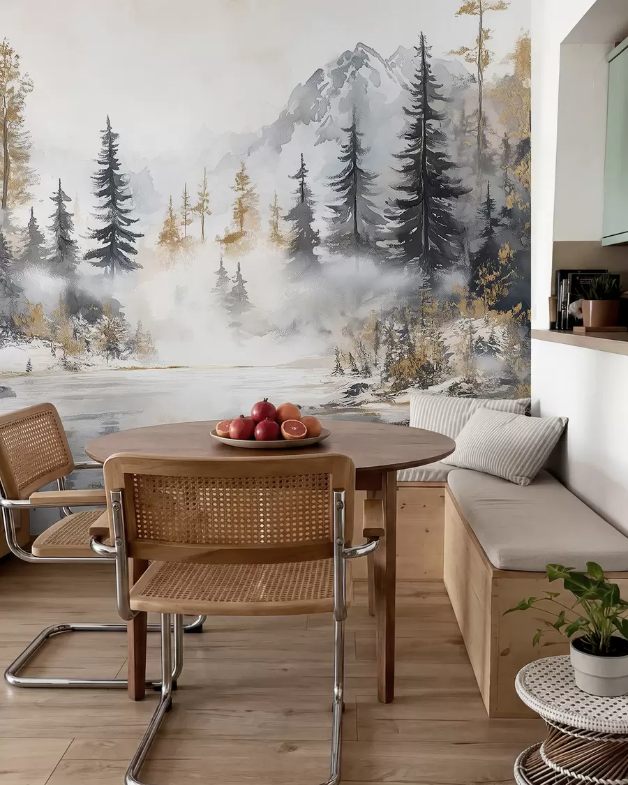 murales de pared Paisaje de invierno con lago y bosque, montañas, darwing estilo pastel w02741