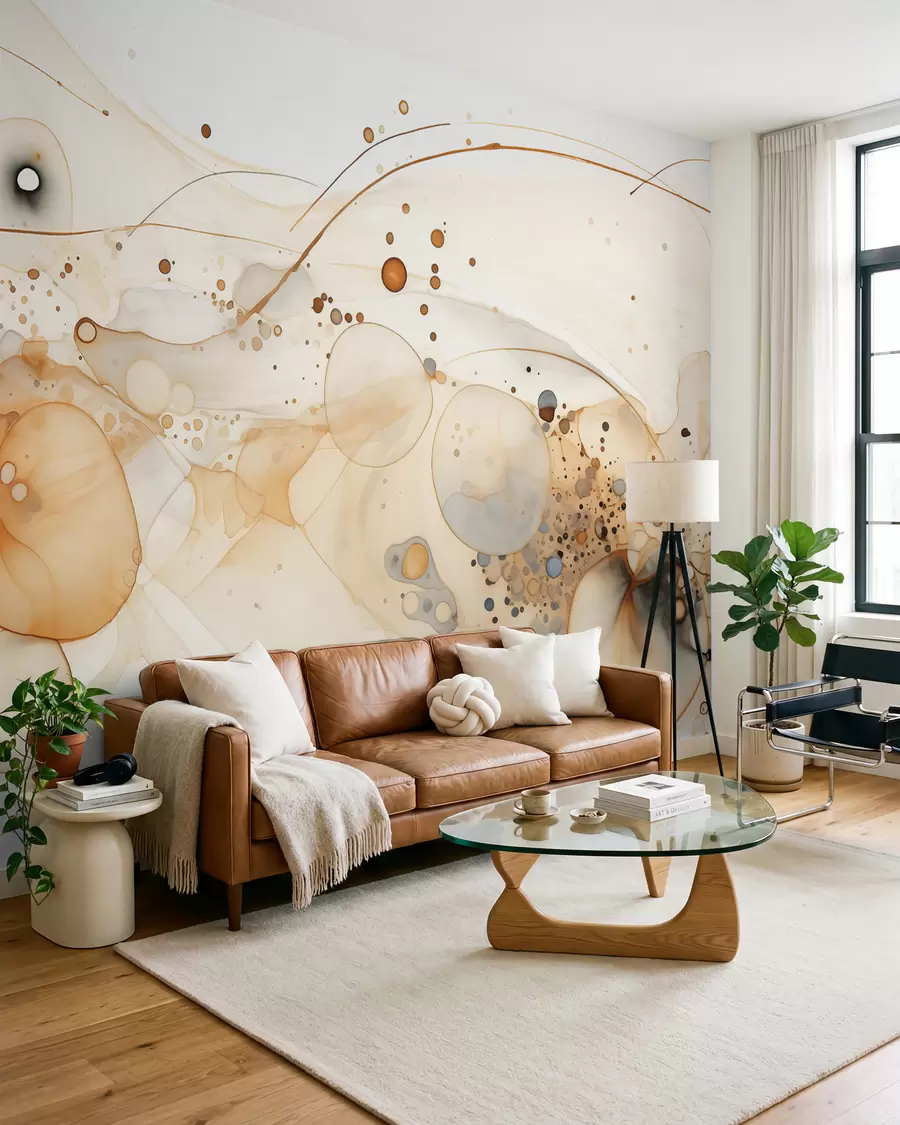 murales de pared Arte abstracto en tinta, estilo fluido, paleta de colores beige w02744