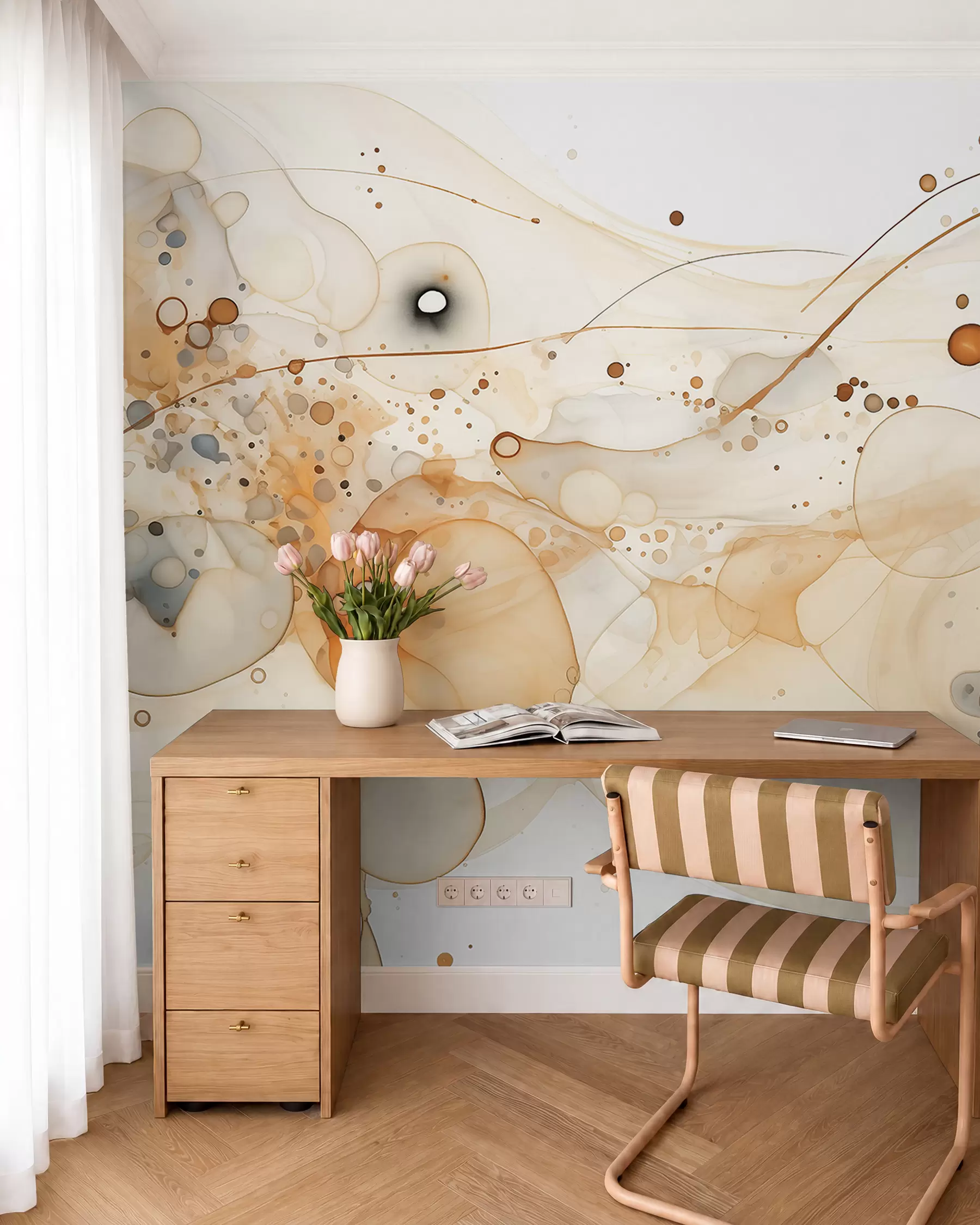 murales de pared Arte abstracto en tinta, estilo fluido, paleta de colores beige w02744