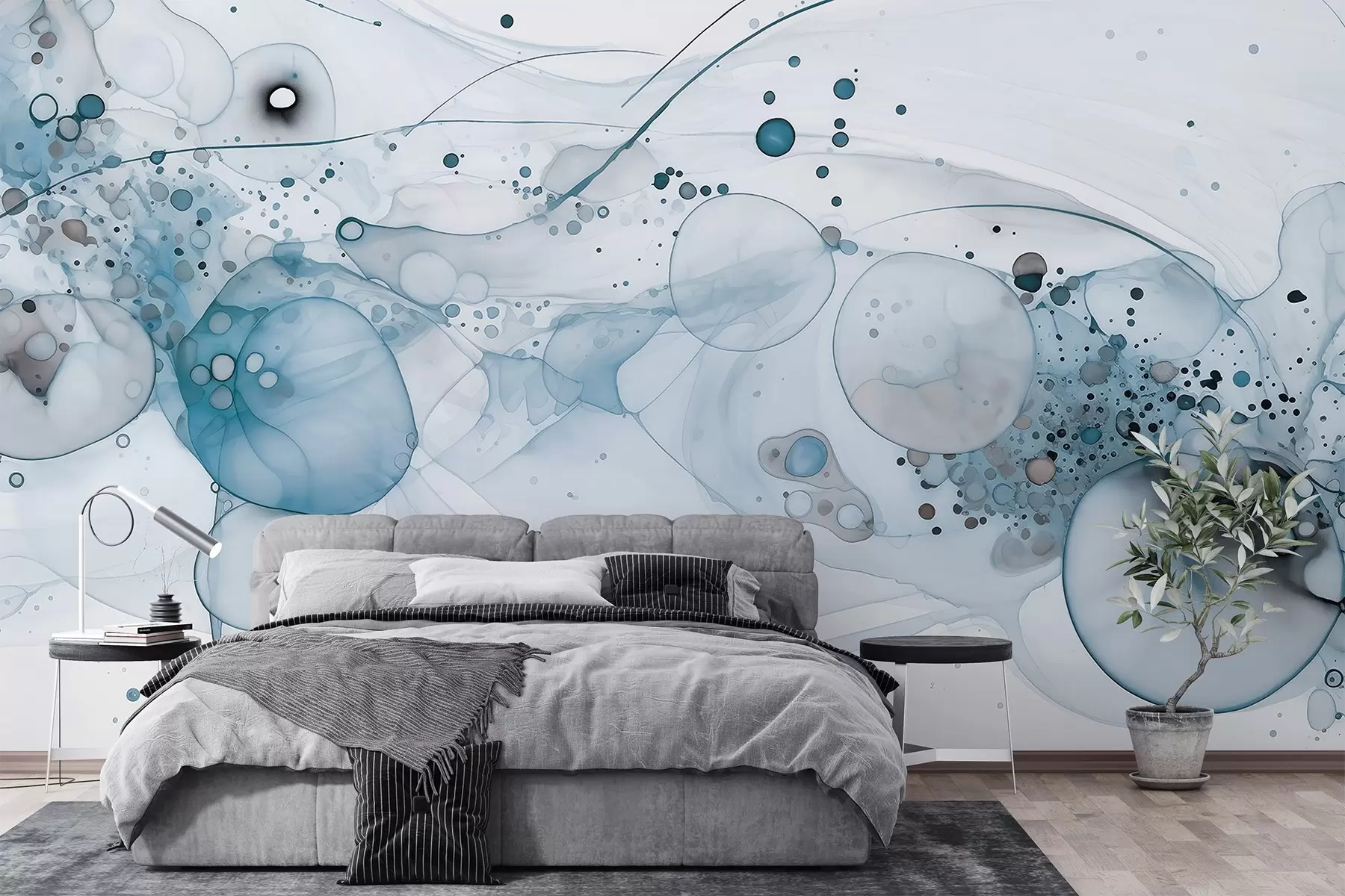 murales de pared Arte abstracto en tinta, estilo fluido, paleta de colores azules w02744v2