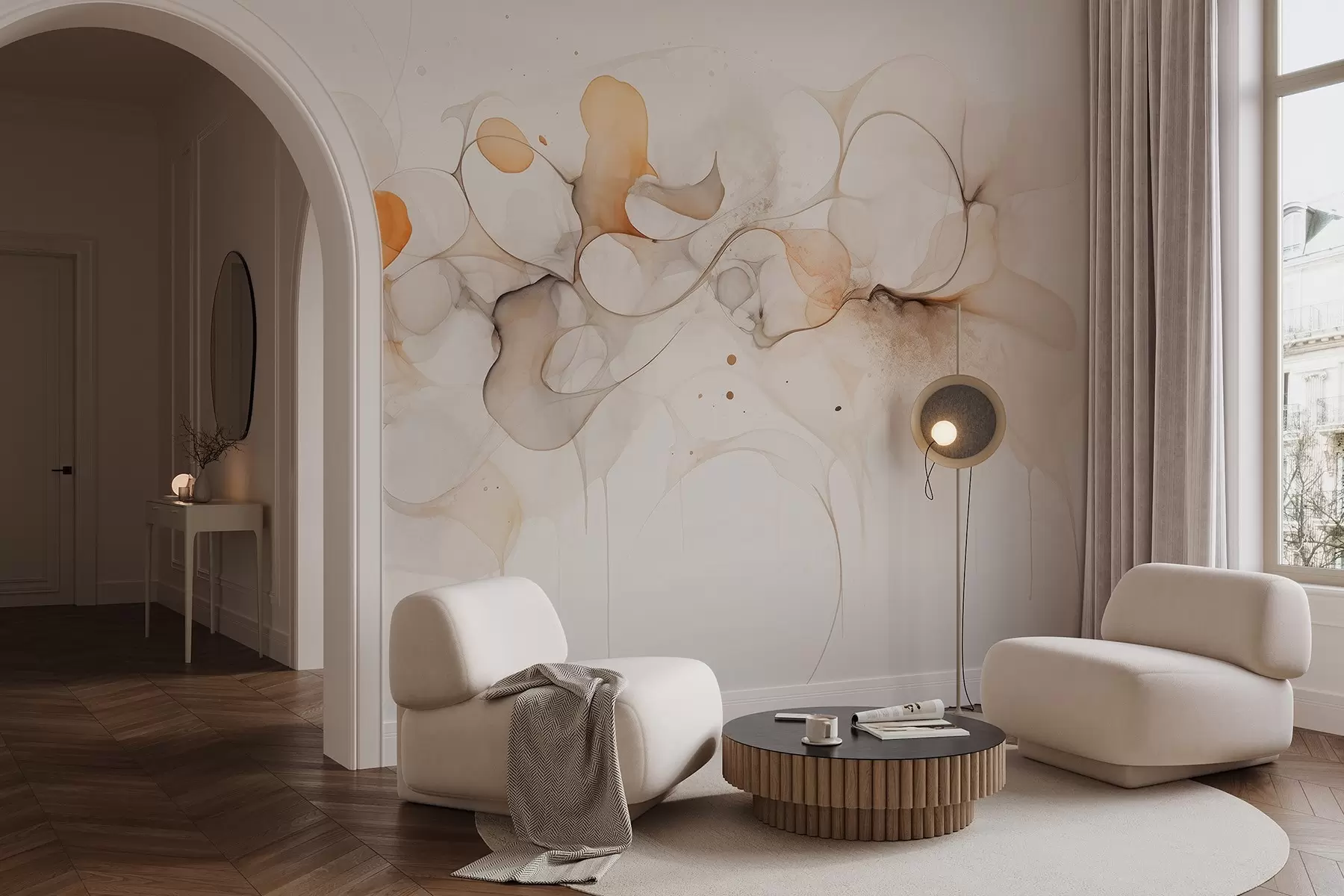 murales de pared Estilo artístico fluido, abstracción, colores beige suaves w02745
