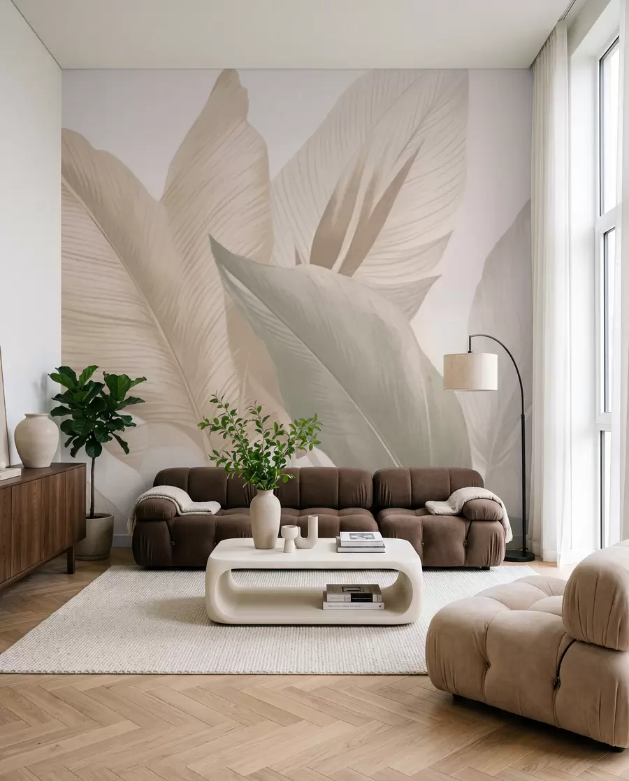 murales de pared Hojas tropicales en suaves tonos beige y verde, con efecto acuarela y suaves transiciones de color w02854