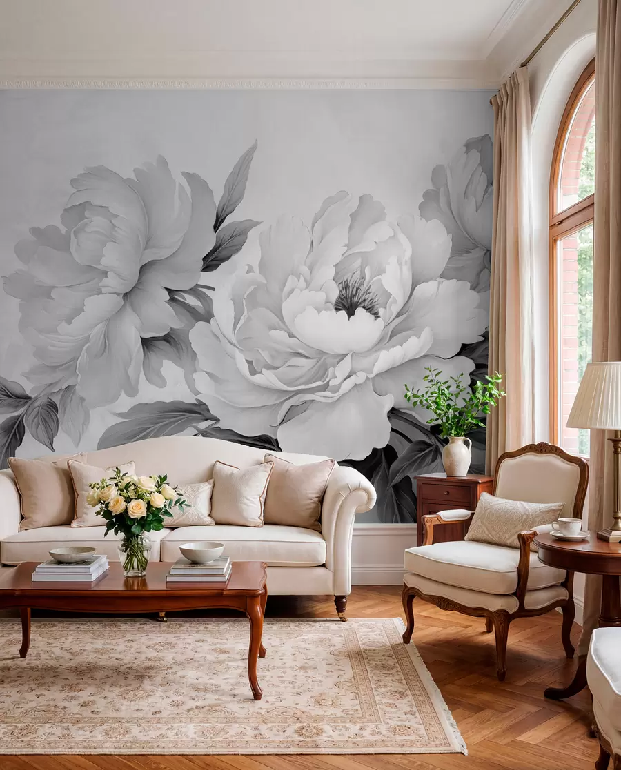 murales de pared Lujosas peonías en tonos grises, con delicados detalles de pétalos y hojas, que crean un ambiente elegante y sereno w02856
