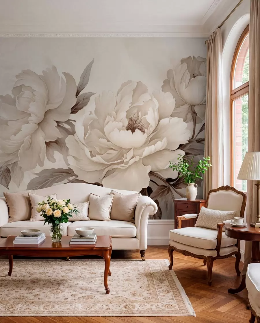 murales de pared Delicadas peonías en tonos beige crema, con refinados detalles de pétalos y hojas, que crean un ambiente cálido y sofisticado w02856v1