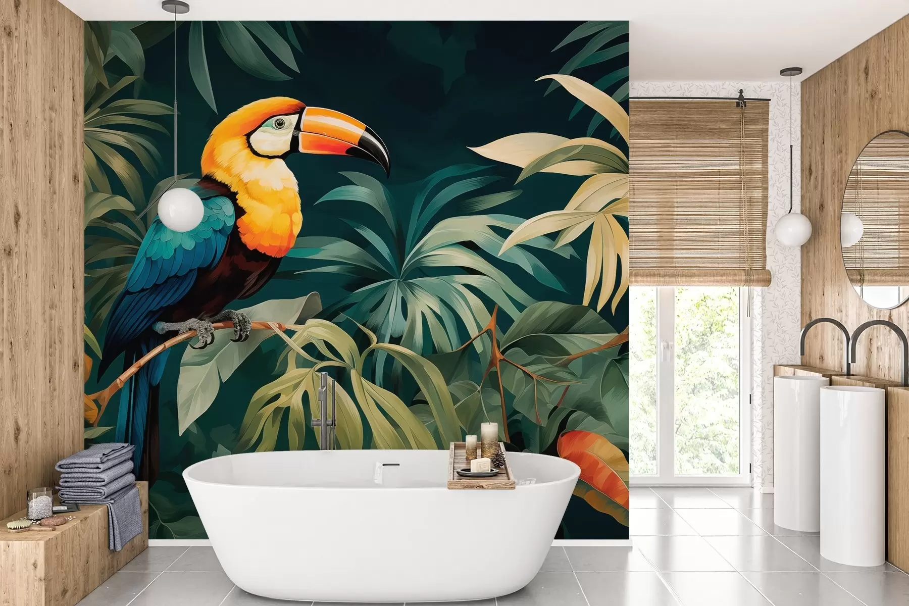 murales de pared Paisaje tropical con un vibrante tucán posado en una rama, rodeado de exuberante follaje con grandes hojas en tonos verde intenso y amarillo. w02781