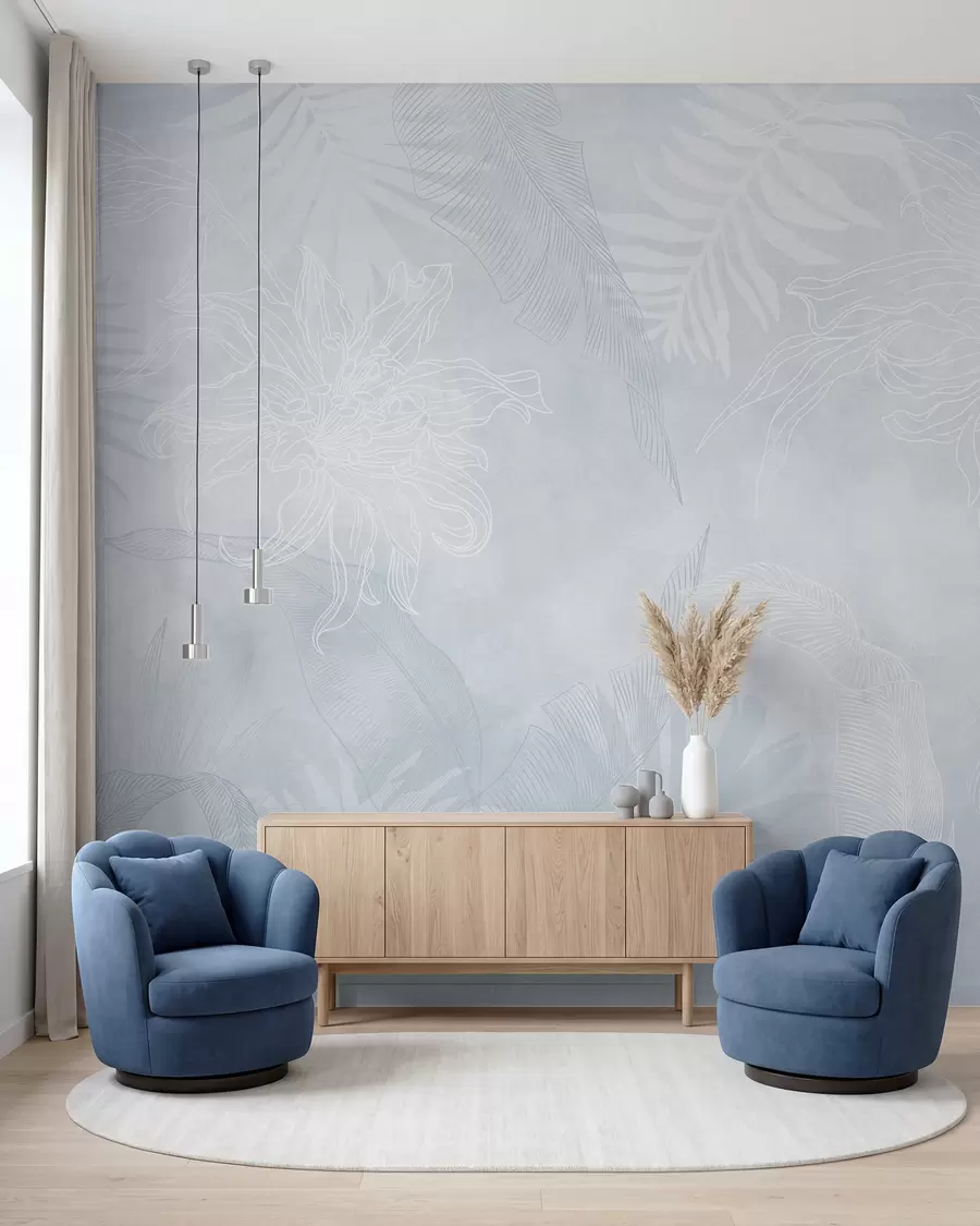 murales de pared Follaje tropical con efecto grunge y tinte azulado w02737v3