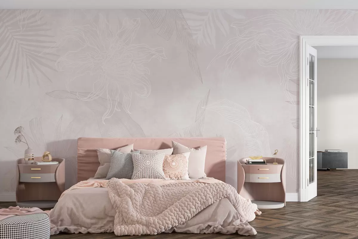 murales de pared Follaje tropical con efecto grunge y tinte rosado w02737v4