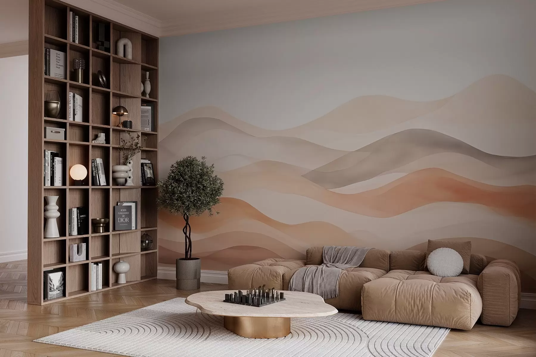 murales de pared Abstracción con ondas en tonos beige w02860