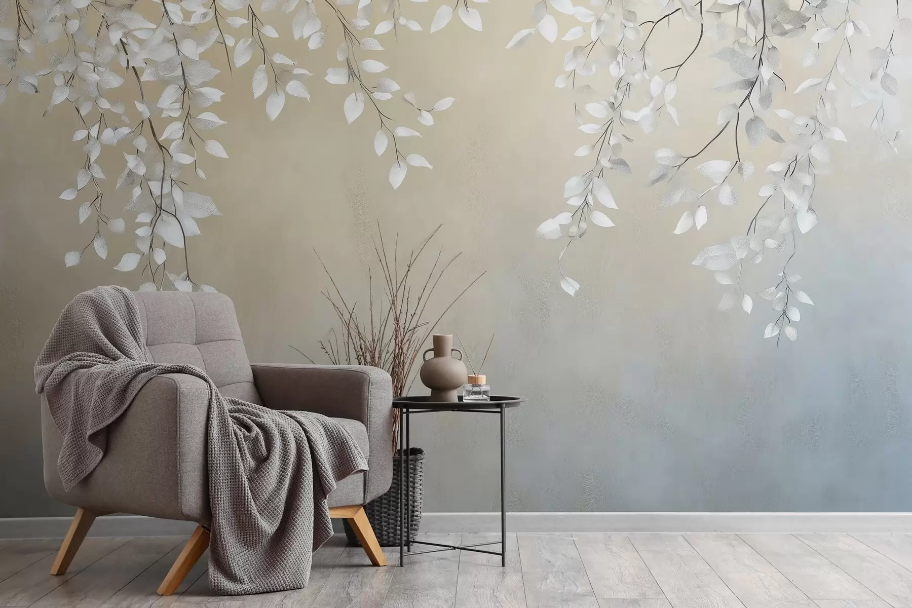 murales de pared Delicadas ramas con hojas blancas colgando w02868