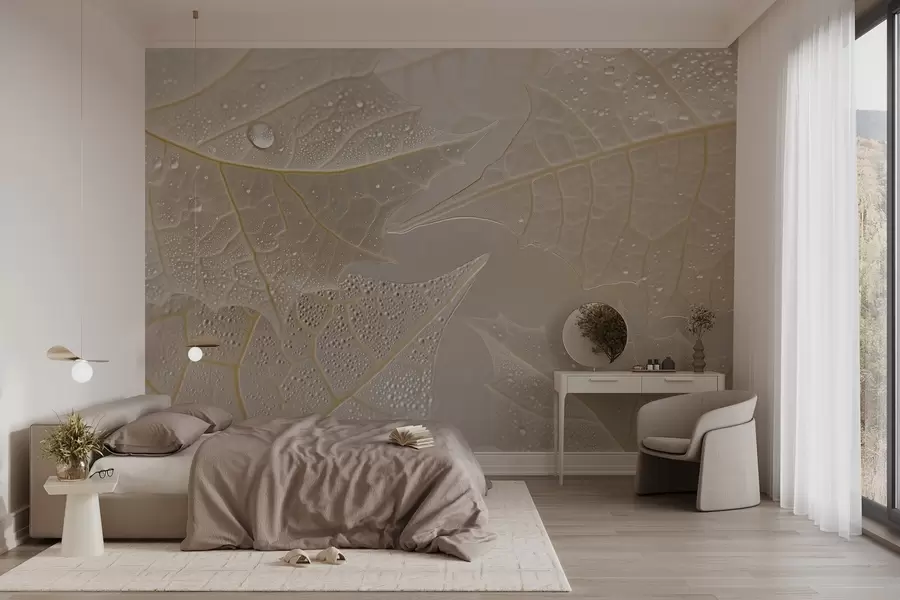 murales de pared Primer plano de hojas con venas y gotas de rocío en tonos beige w02872