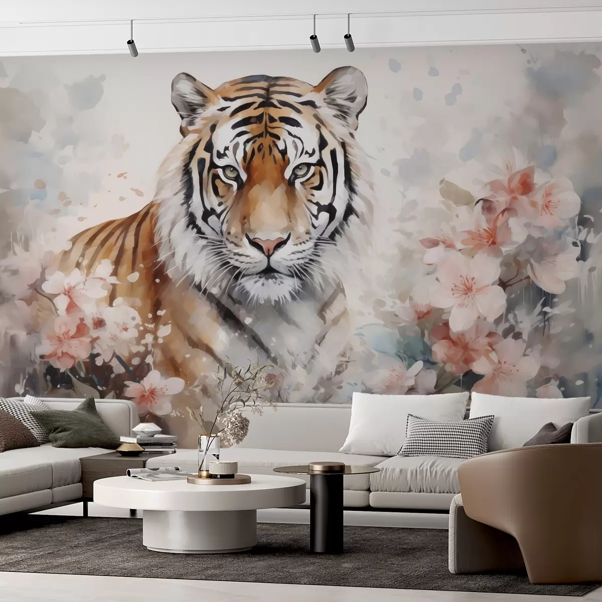 murales de pared Tigre abstracto en flores imitación acuarela w02892