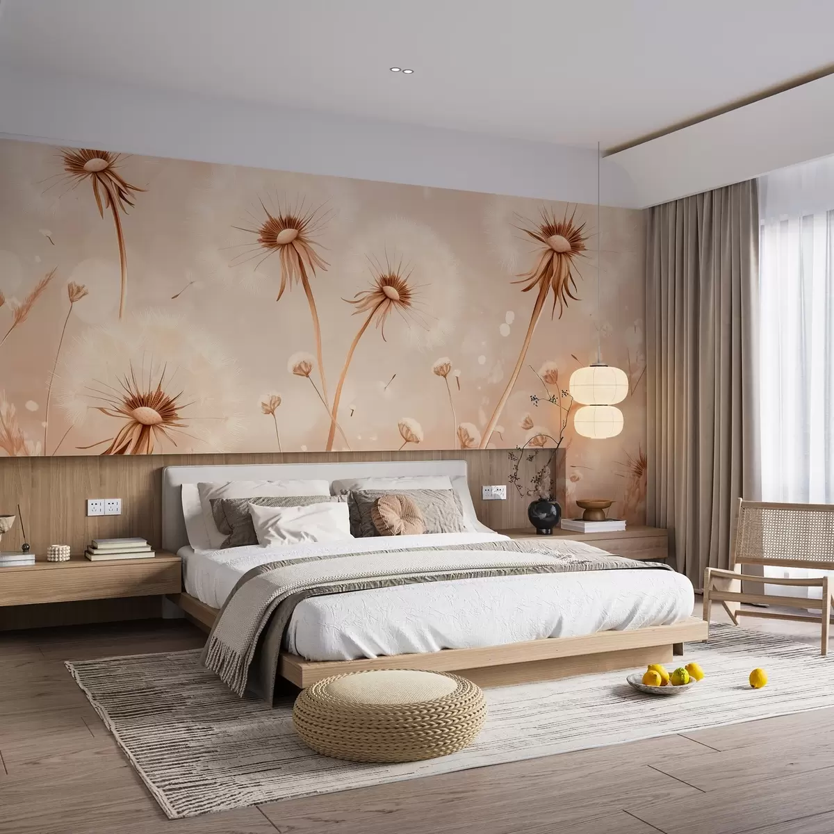 murales de pared Elegantes dientes de león y flores silvestres en estilo pictórico en tonos cálidos w08657