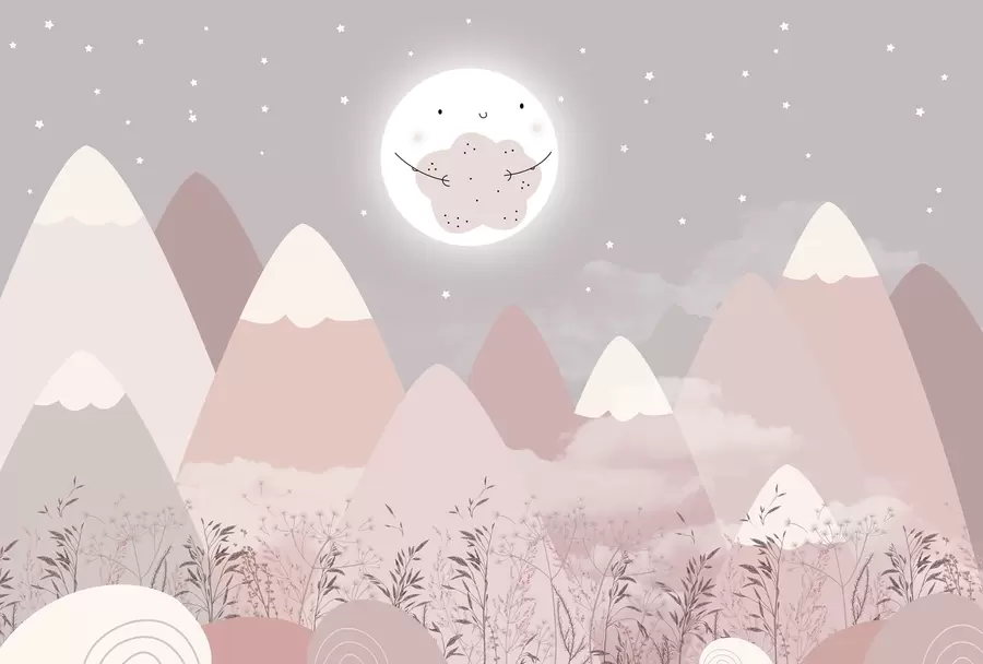 murales de pared Montañas infantiles con una simpática luna y plantas en la parte inferior w08659