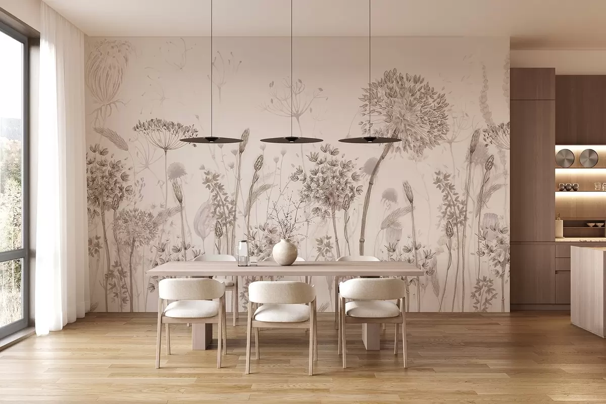 murales de pared Dientes de león y flores silvestres en estilo acuarela w08637