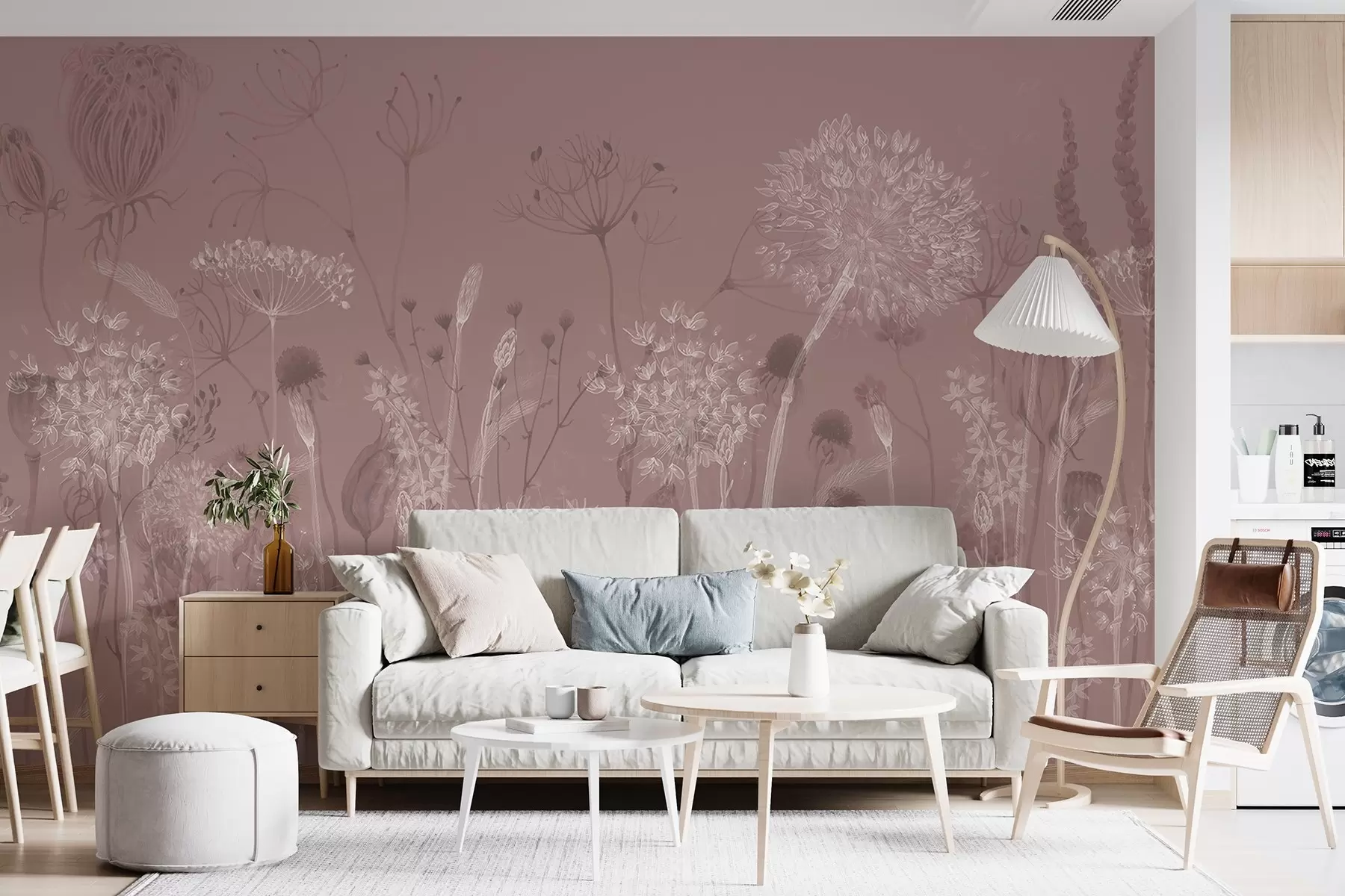 murales de pared Dientes de león y flores silvestres en estilo acuarela en tonos rosados w08637v1