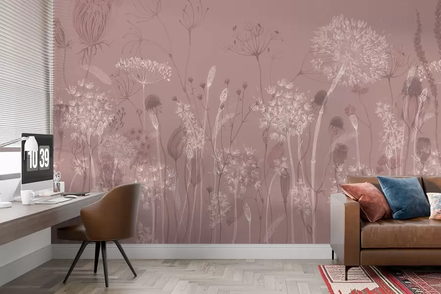 murales de pared Dientes de león y flores silvestres en estilo acuarela en tonos rosados w08637v1