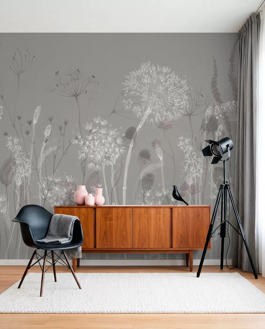 murales de pared Dientes de león y flores silvestres en estilo acuarela en tonos azul grisáceo w08637v3