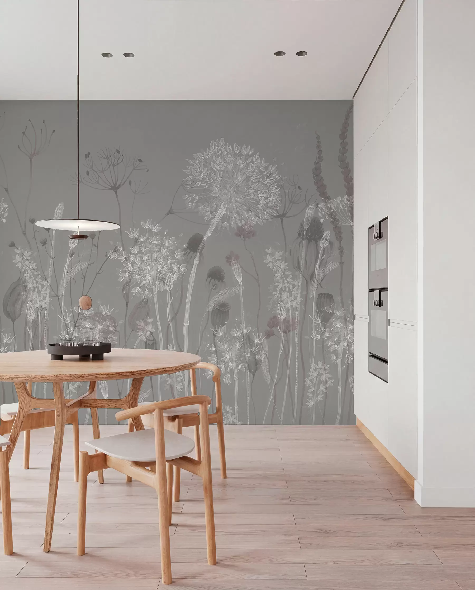 murales de pared Dientes de león y flores silvestres en estilo acuarela en tonos azul grisáceo w08637v3