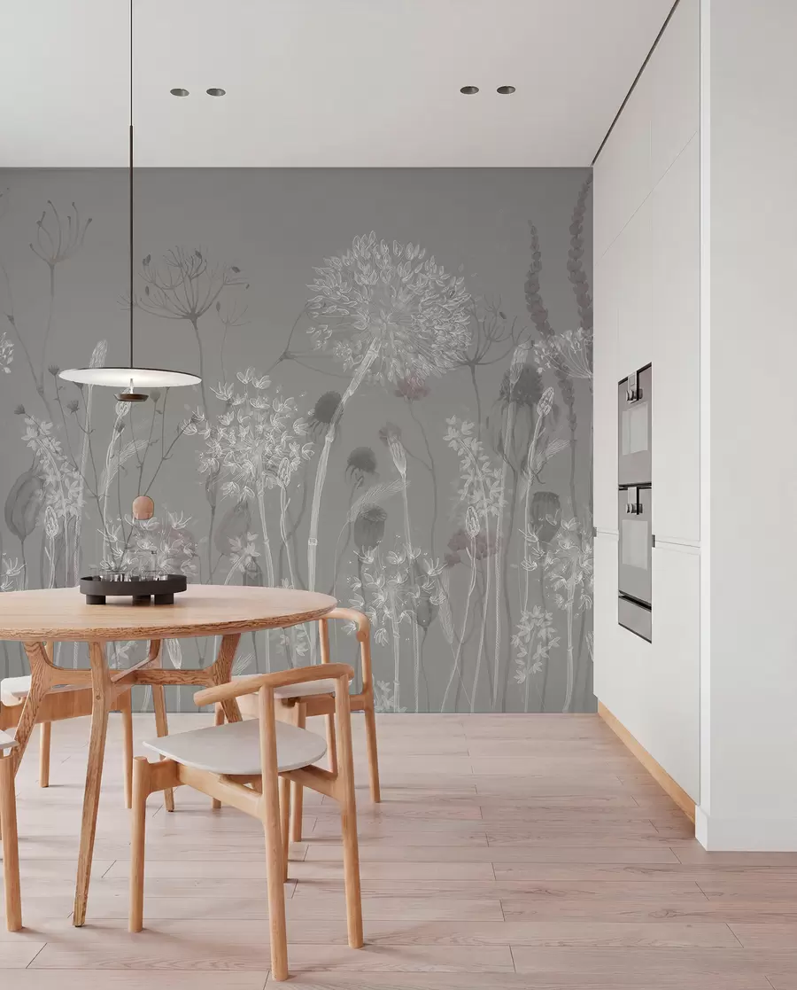 murales de pared Dientes de león y flores silvestres en estilo acuarela en tonos azul grisáceo w08637v3