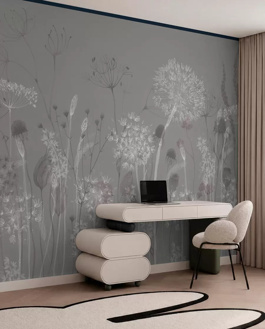 murales de pared Dientes de león y flores silvestres en estilo acuarela en tonos azul grisáceo w08637v3