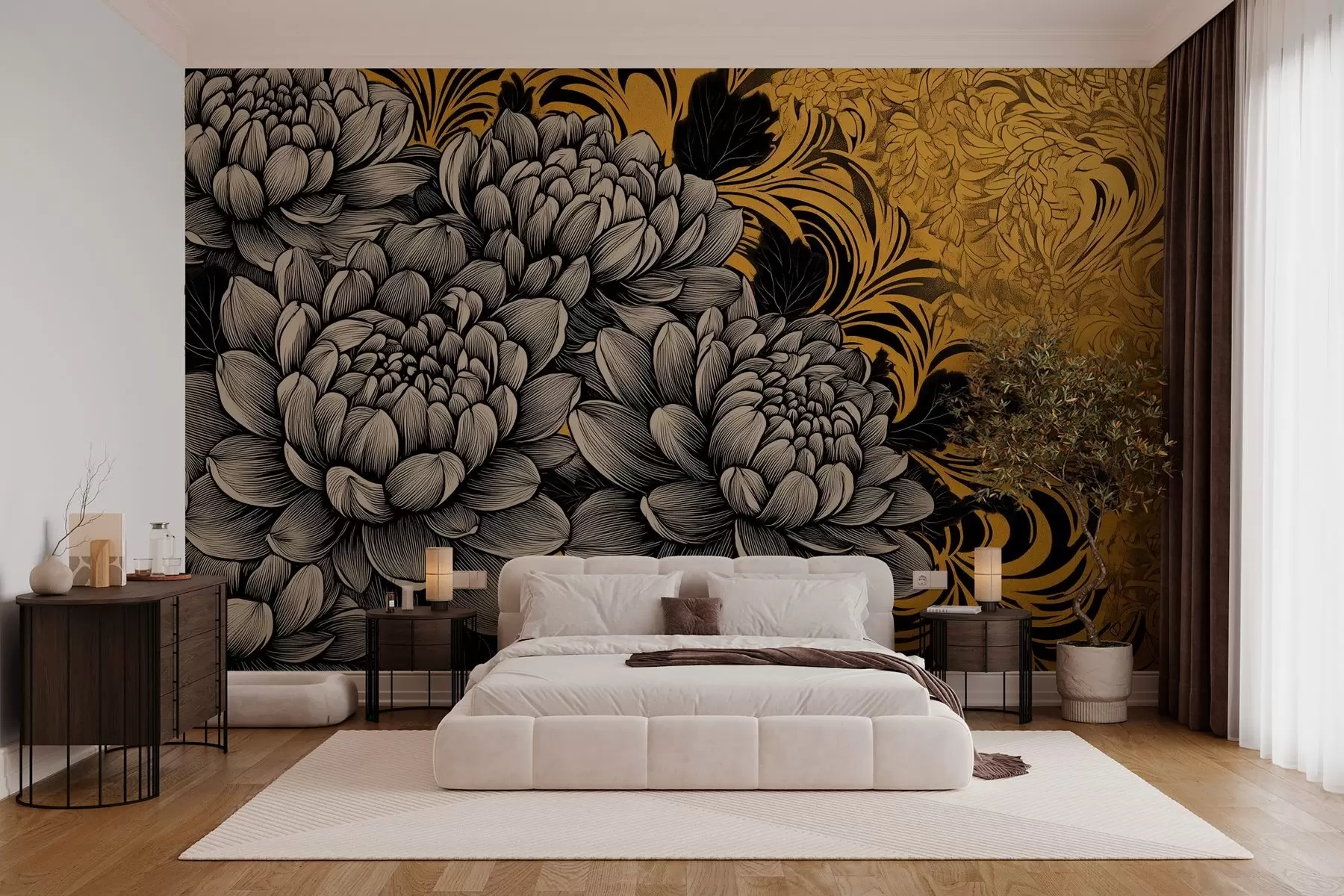 murales de pared Exuberantes peonías en estilo gráfico sobre fondo amarillo estampado w02876