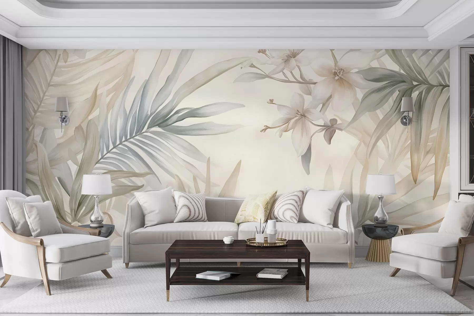murales de pared Hojas y flores tropicales de colores pastel, con verdes claros, cremas y rosas sutiles w08660